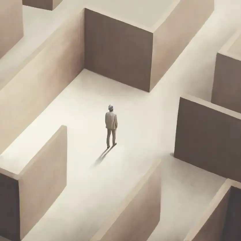 迷路上の通路の中央で立ち止まっているイラスト